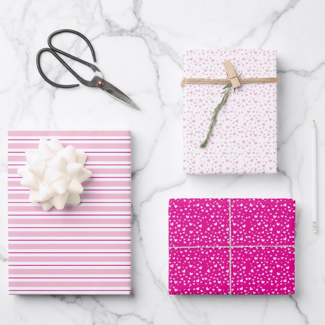 Niedliches Rosa und Weiße Herzen & Streifen Valent Geschenkpapier Set (Vorderseite)