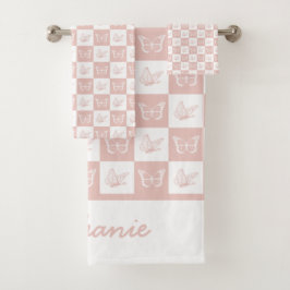 Niedliches rosa und weißes Schmetterlingsmuster pe Badhandtuch Set
