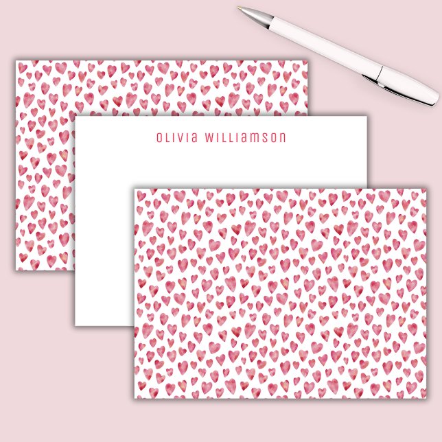 Niedliches rosa Wasserfarben Herzmuster Personalis Mitteilungskarte (Pink watercolor love heart personalized notecards)
