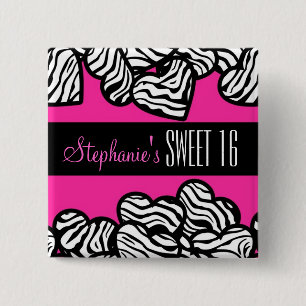 Niedliches rosa Zebraherz Sweet 16 Birthday Button