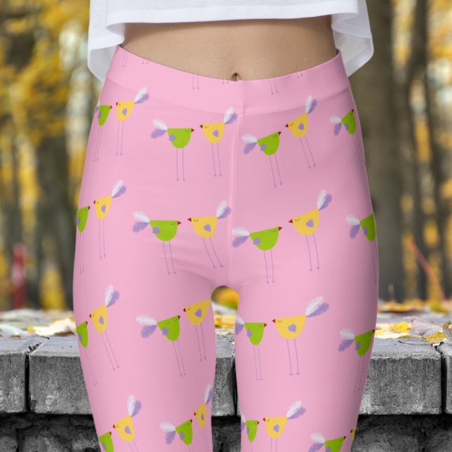 Niedliches rosa, zwei kleine Vogelmuster Leggings (Two Little Birds on Light Pink)