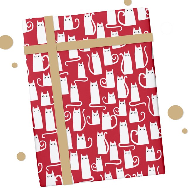 Niedliches Rot und Weiß Geschenkpapier (Red and white festive cat gift wrap)