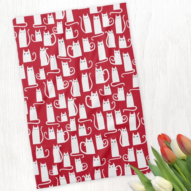 Niedliches Rot und Weiß Geschirrtuch (Red and white cat pattern kitchen towel)