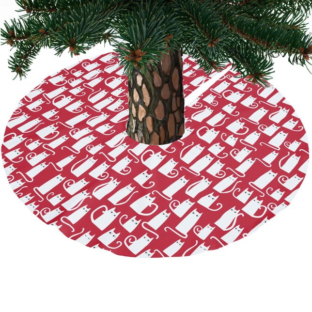 Niedliches Rot und Weiß Polyester Weihnachtsbaumdecke (Fun red and white kitty cat pattern festive Christmas tree skirt)