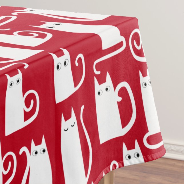 Niedliches Rot und Weiß Tischdecke (Fun red and white kitty cat pattern festive tablecloth)