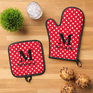 Niedliches Rot-Weiß-Polka-Punktmuster mit Monogram Ofenhandschuh & Topflappen-Set