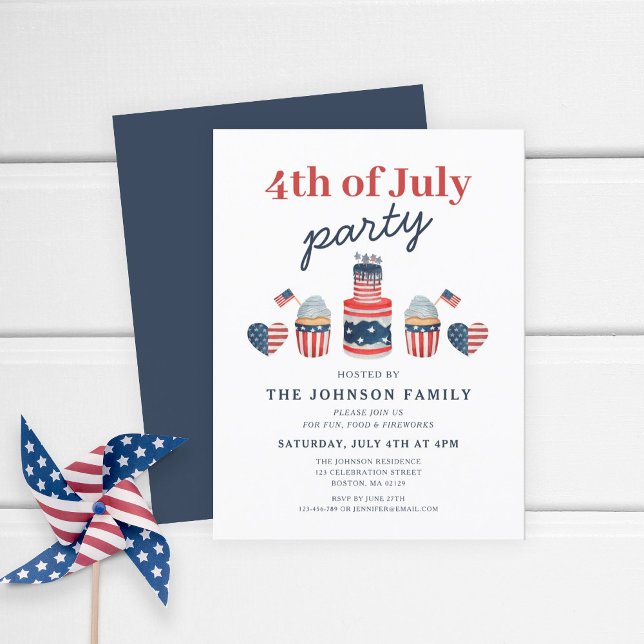 Niedliches Rot-Weiß und Blau 4. Juli Party Einladungspostkarte (Patriotic Cute Red White & Blue Cake 4th Of July Invitation Postcard)