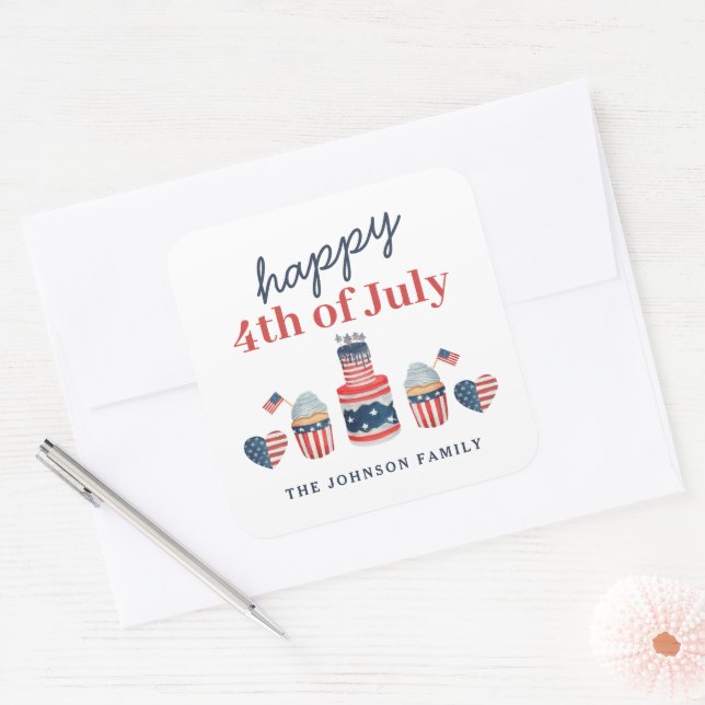 Niedliches Rot-Weiß und Blau 4. Juli Party Quadratischer Aufkleber (Umschlag)