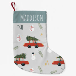 Niedliches Rotes Auto und Schneemann Winterurlaub Kleiner Weihnachtsstrumpf