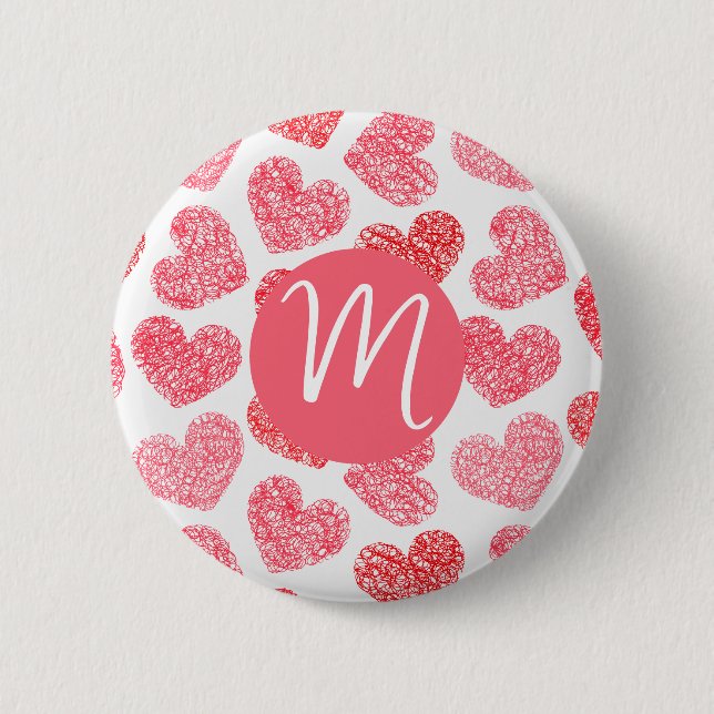 Niedliches rotes doodled Heart Valentine's Day Mon Button (Vorderseite)