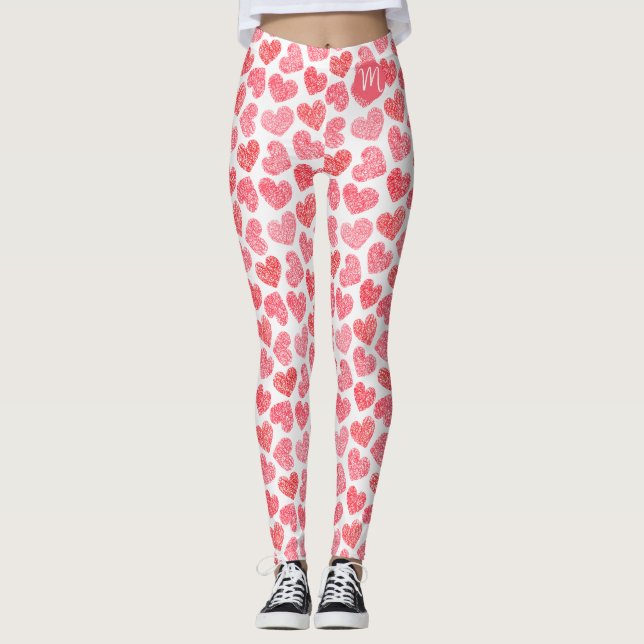 Niedliches rotes doodled Heart Valentine's Day Mon Leggings (Vorderseite)