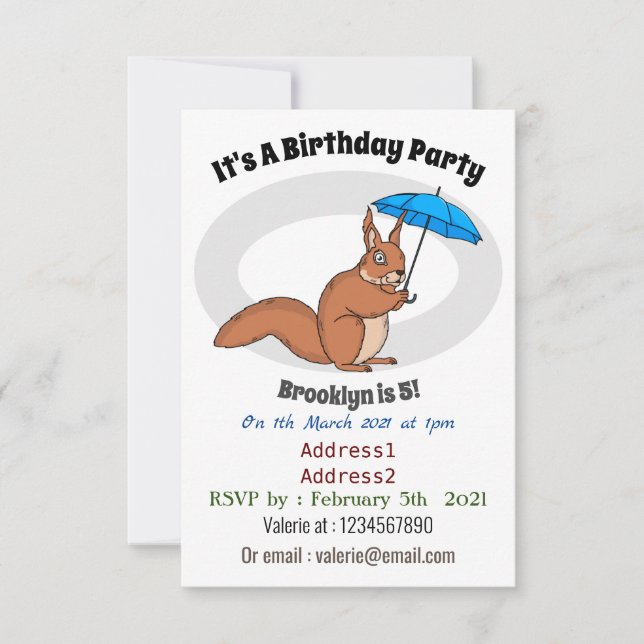 Niedliches Rotes Eichhörnchen mit Cartoon Einladung (Vorderseite)
