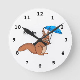Niedliches Rotes Eichhörnchen mit Cartoon Runde Wanduhr