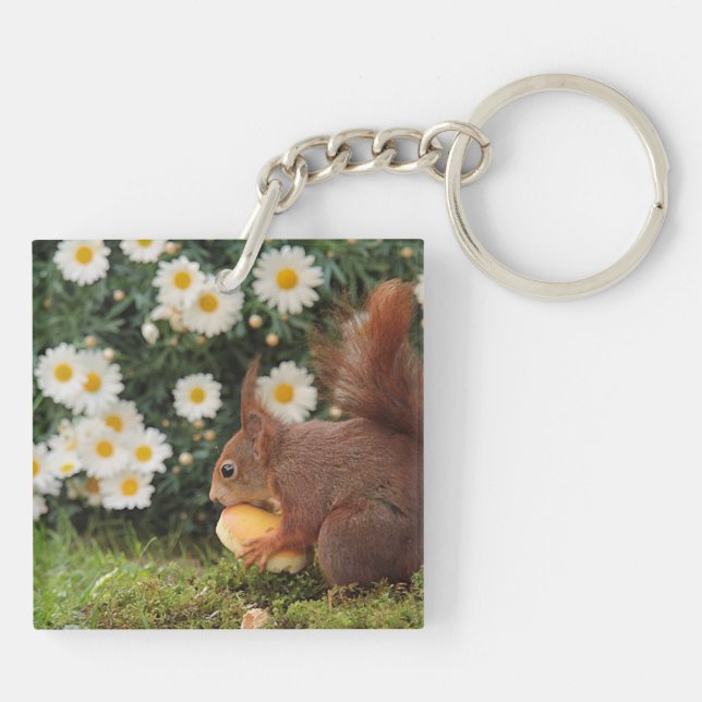 Niedliches rotes Eichhörnchen und Gänseblümchen Schlüsselanhänger (Rückseite)