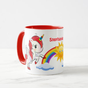 Niedliches Rotes Einhorn Regenbogen & Sonne Person Tasse