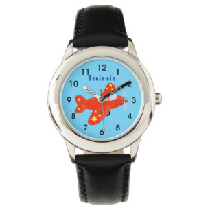 Niedliches rotes Flugzeug mit Cartoon Armbanduhr