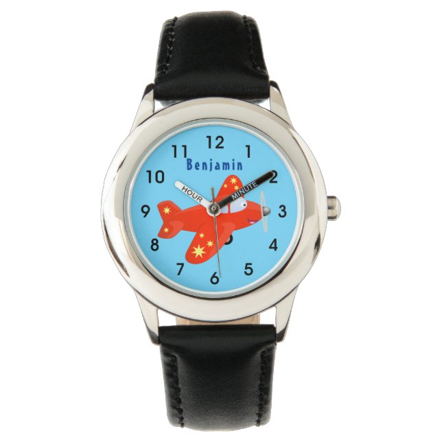 Niedliches rotes Flugzeug mit Cartoon Armbanduhr (Vorderseite)