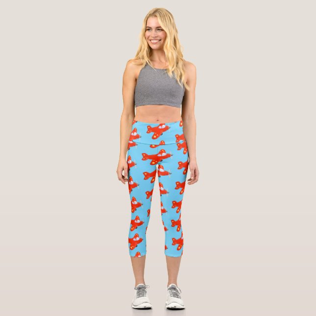 Niedliches rotes Flugzeug mit Cartoon Capri Leggings (Vorderseite)