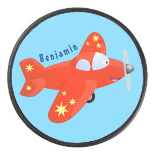Niedliches rotes Flugzeug mit Cartoon Eishockey Puck