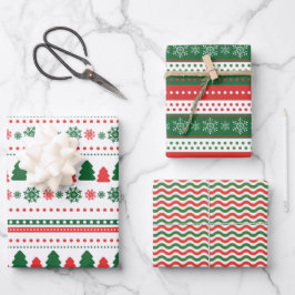 Niedliches Rotes Grün Schneeflocken Weihnachtsmust Geschenkpapier Set
