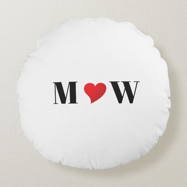 Niedliches rotes Herzklopfpaar Initialen Monogramm Rundes Kissen (Vorderseite)