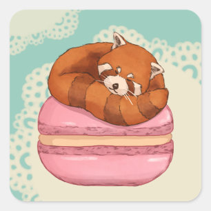 Niedliches Rotes Panda und Macaron Illustration Ar Quadratischer Aufkleber