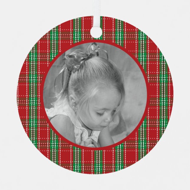 Niedliches Rotes Weihnachten Karierter Urlaub Foto Ornament Aus Metall (Vorderseite)