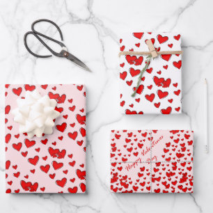 Niedliches Rotherz Muster Valentinstag Set von 3 Geschenkpapier Set