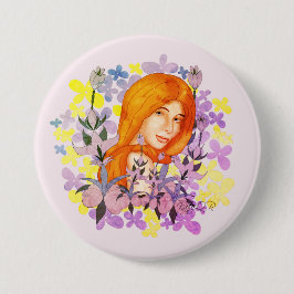 Niedliches Rotkopfmädchen im Garten. Aquarell Button