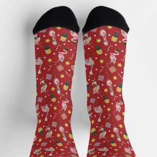Niedliches Rotweihnachtsmuster Flamingo und Ananas Socken