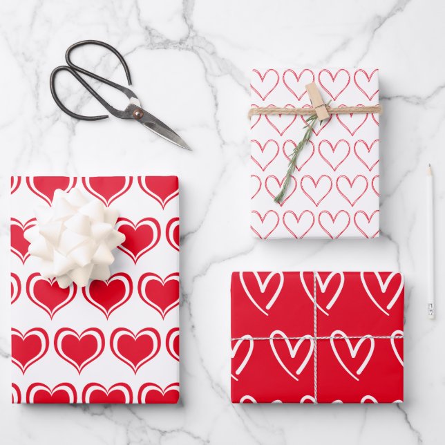 Niedliches Rotweißes Herzmuster Valentine Geschenkpapier Set (Vorderseite)
