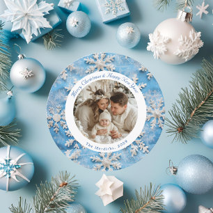 Niedliches Round Blue Snowflake Weihnachts-Foto Feiertagskarte