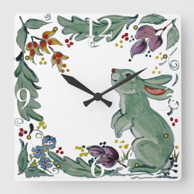 Niedliches Rustikales Aquamarines Kaninchen Bunny  Quadratische Wanduhr (Vorderseite)