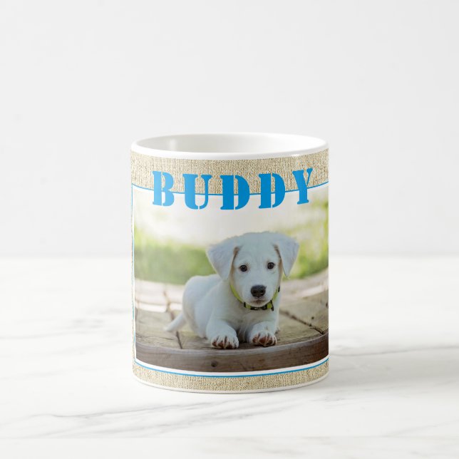 Niedliches rustikales Blue Dog Foto und Name Kaffeetasse (Mittel)