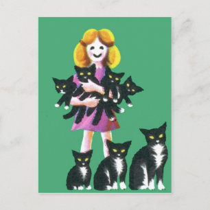 Niedliches rustikales Mädchen mit Zeichnend Katzen Postkarte