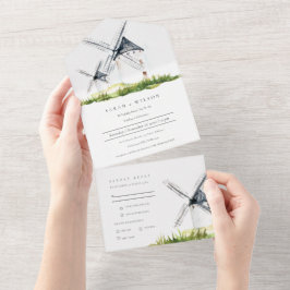Niedliches Rustikales Windmühle-Thema Hochzeit All In One Einladung
