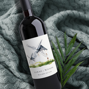 Niedliches Rustikales Windmühle-Thema Hochzeit Weinetikett