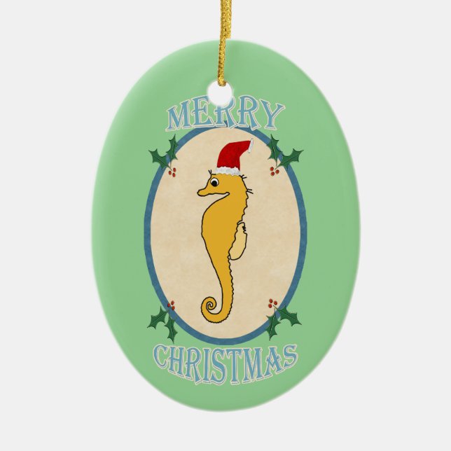 Niedliches Sankt-Seepferd-Weihnachtsblaues Grün Keramik Ornament (Vorne)