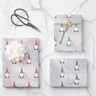 Niedliches Santa Gnome Muster Funkelnd Weißes Silb Geschenkpapier Set