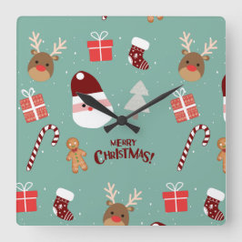 Niedliches Santa Reindeer Candy Cane Gingerbread M Quadratische Wanduhr