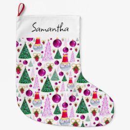 Niedliches Santa und Weihnachten Bäume Wasserfarbe Großer Weihnachtsstrumpf