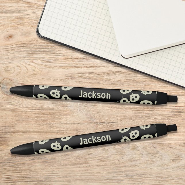 Niedliches Schädelmuster Schwarzer Personalisierte Kugelschreiber (Cute skull pens with space for your name. Perfect for back to school! (or back to skull)💀)