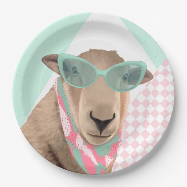 Niedliches Schaf mit Brille Pappteller (Vorderseite)