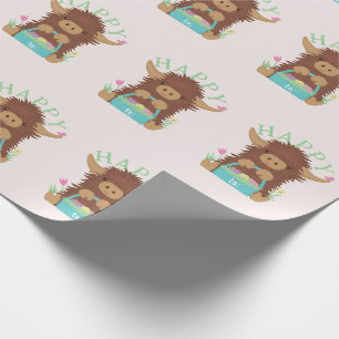Niedliches, schagiges Hochland-Kuh-Osterkorb-Desig Geschenkpapier