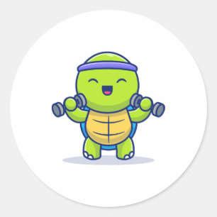 Niedliches Schildkrötenheben Dumbells Cartoon Illu Runder Aufkleber