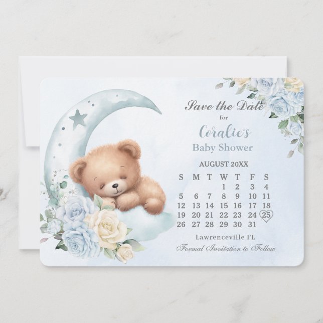 Niedliches Schlafbärenmoon Blue Floral Baby Dusche Save The Date (Vorderseite)