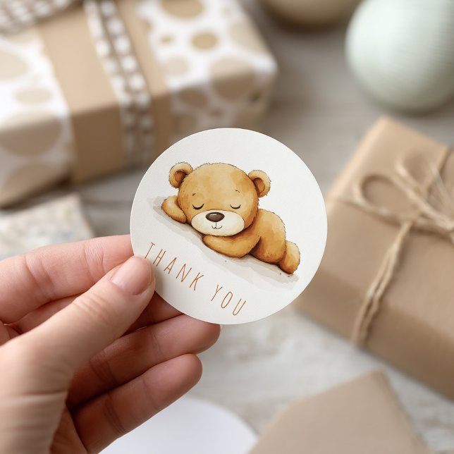 Niedliches SchlafbärenwasserFarbe Vielen Dank Runder Aufkleber (Charming thank you sticker features an adorable sleeping teddy bear illustration.)
