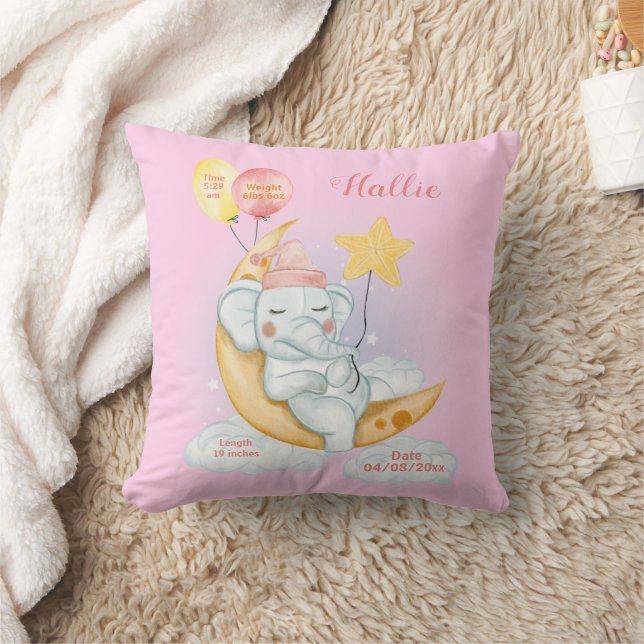 Niedliches Schlafen Baby Elephant Birth Stats Pink Kissen (Decke)