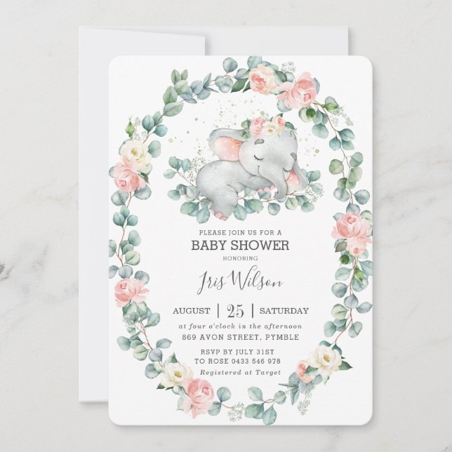 Niedliches Schlafen Elephant Greenerenery Baby Sho Einladung (Vorderseite)