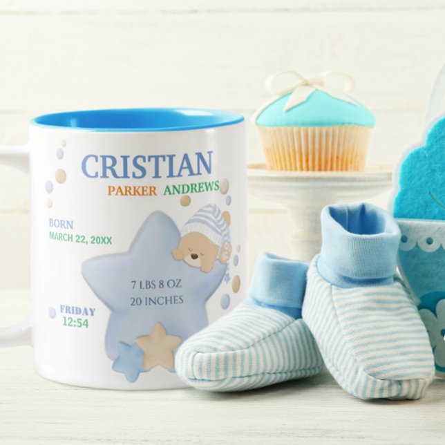 Niedliches Schlafen Teddy Bear Baby Boy Birth Stat Zweifarbige Tasse (Von Creator hochgeladen)